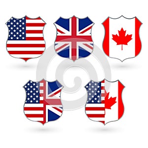 Flag of US, Canada and UK in the shape of a police badge. American, Canadian and British friendship symbol. Vector illustration.